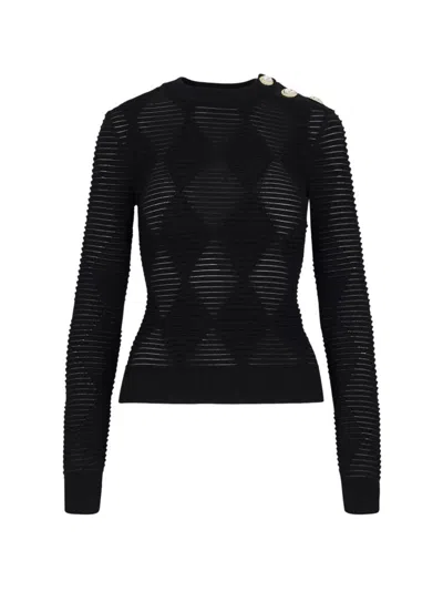 Balmain Sheer Ribbed Crewneck Button Detail In Black