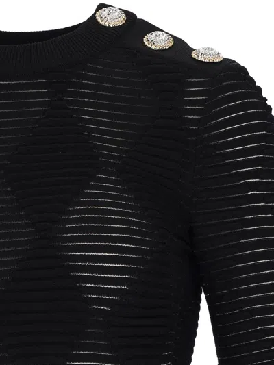 Balmain Sheer Ribbed Crewneck Button Detail In Black