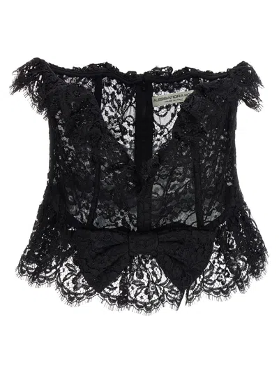 Alessandra Rich Strapless Bow-embellished Lace Bustier Top In Black