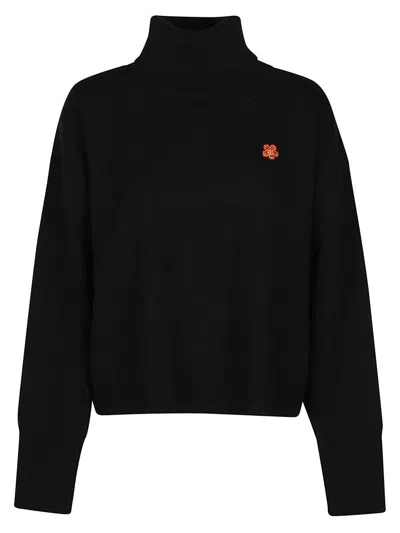 Kenzo Boke Flower Turtleneck Wool Sweater In Black