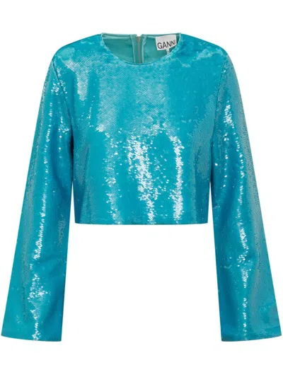 Ganni Sequined Cropped Blouse In Blue
