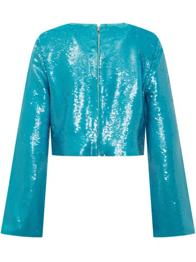 Ganni Sequined Cropped Blouse In Blue