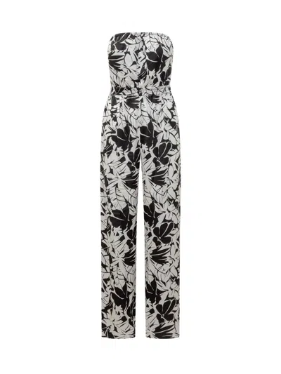 Michael Kors Palm Print Satin Tie-back Jumpsuit In White
