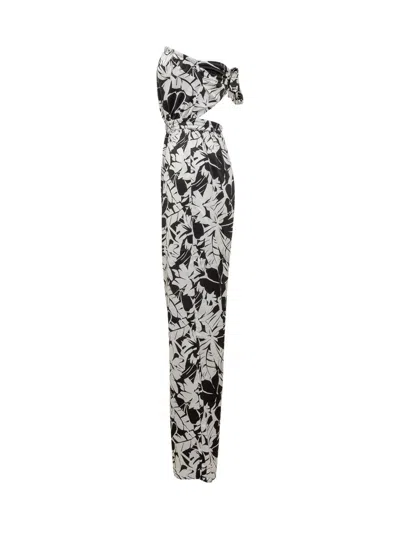 Michael Kors Palm Print Satin Tie-back Jumpsuit In White