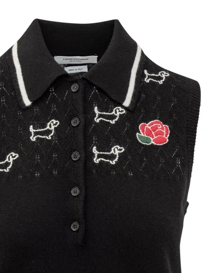 Thom Browne Polo Shirt With Rose And Hector Logo In Black