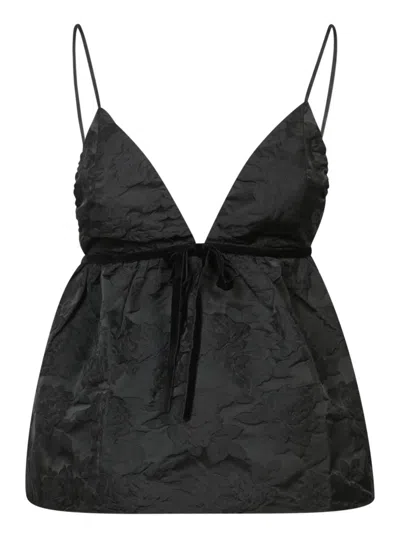 Ganni Floral-jacquard Flared Tank Top In Black