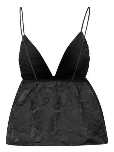 Ganni Floral-jacquard Flared Tank Top In Black