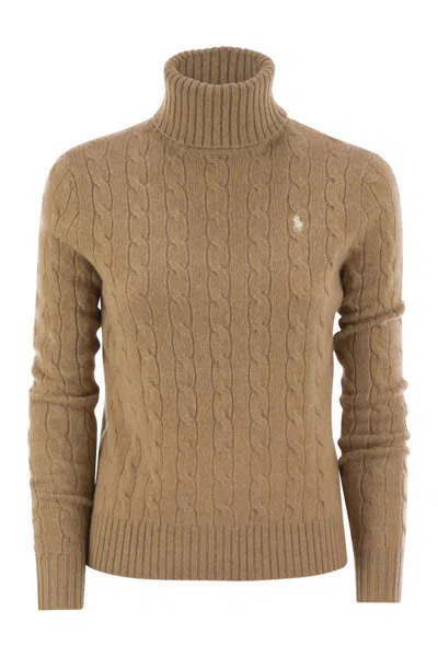 Polo Ralph Lauren Wool And Cashmere Cable-knit Turtleneck Sweater In Brown