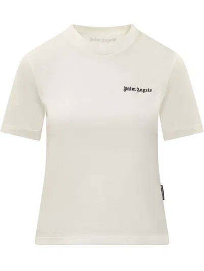 Palm Angels White Fitted Crewneck T-shirt With Emboridered Logo In White
