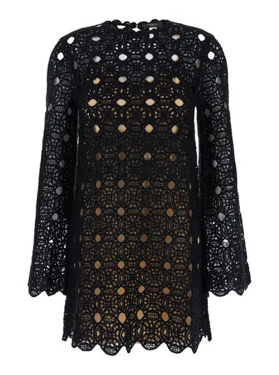 Twinset Black Short Dress With Bell Sleeves In Wool Blend Woman In Black