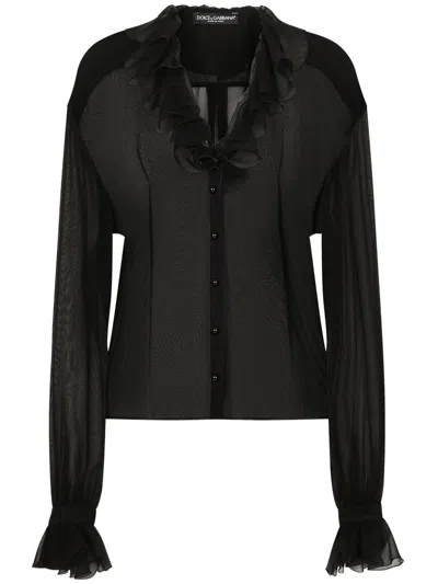 Dolce & Gabbana Sheer Silk Chiffon V-neck Top In Black