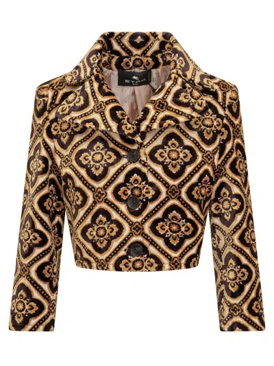Etro Tapestry Patterned Cropped Velvet Jacket In Black