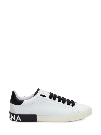 Dolce & Gabbana Portofino Leather Sneakers With Rubberized Logo Shoes In White