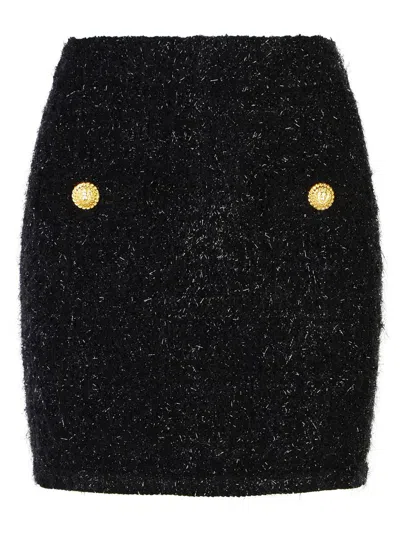 Balmain Black Pencil Mini Skirt With Jewel Buttons In Tweed Woman In Black