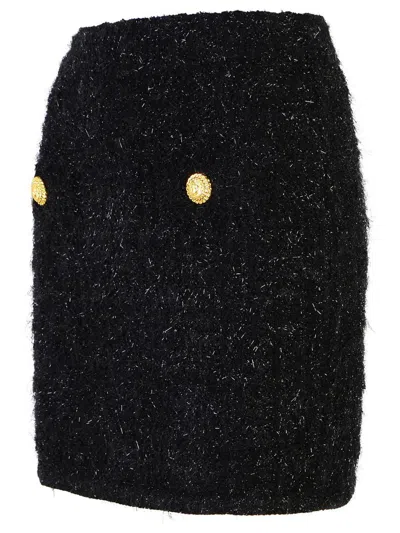 Balmain Black Pencil Mini Skirt With Jewel Buttons In Tweed Woman In Black