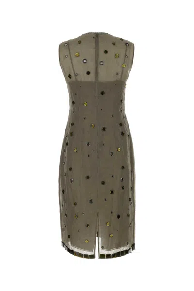 Prada Beige Eyelet-embellished Silk Dress In Grey