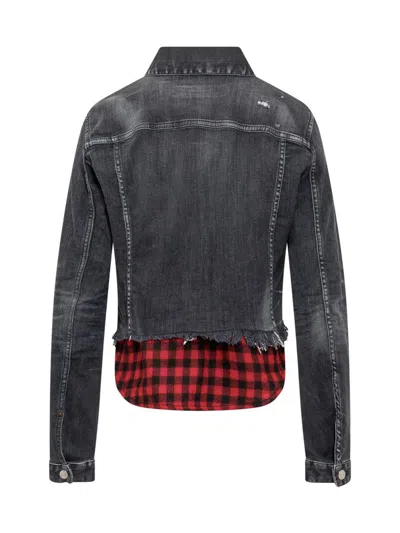 Dsquared2 Cropped Raw Hem Denim Jacket W/ Checked Shirt Insert In Blue