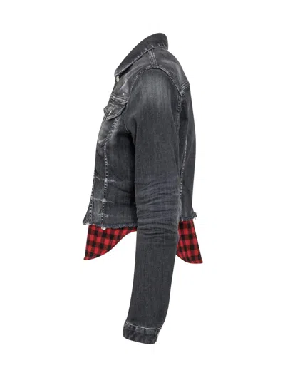 Dsquared2 Cropped Raw Hem Denim Jacket W/ Checked Shirt Insert In Blue