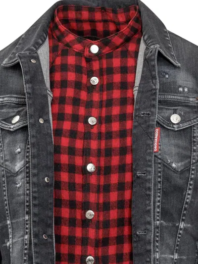 Dsquared2 Cropped Raw Hem Denim Jacket W/ Checked Shirt Insert In Blue