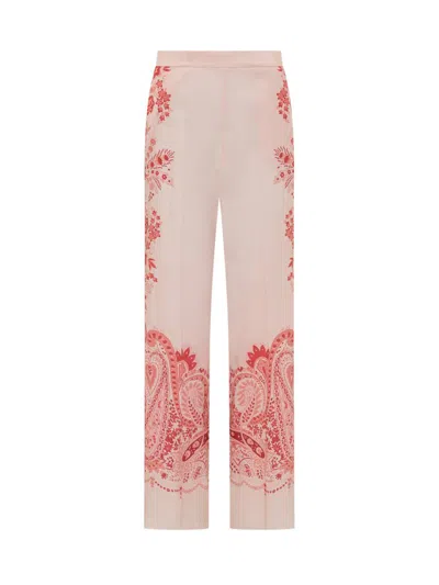 Etro Silk Trousers With Placed Flower Print In Pink