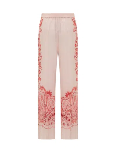 Etro Silk Trousers With Placed Flower Print In Pink