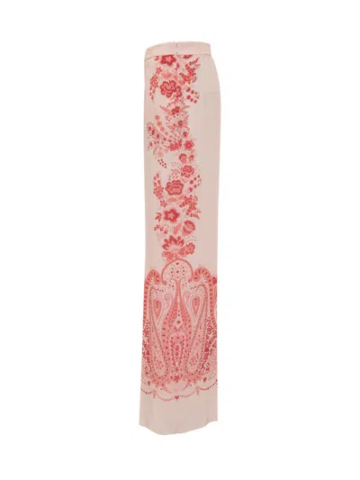 Etro Silk Trousers With Placed Flower Print In Pink