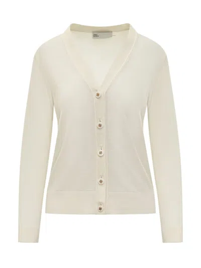 Tory Burch Wool And Silk Cardigan In White