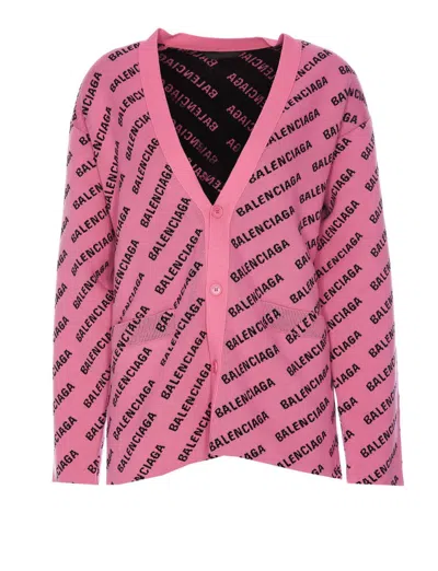 Balenciaga Logo V-neck Ribbed Knit Cardigan In Pink