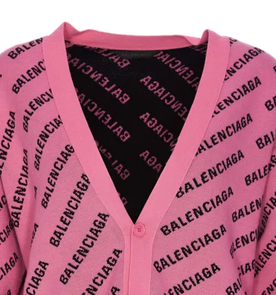 Balenciaga Logo V-neck Ribbed Knit Cardigan In Pink