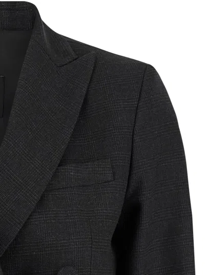 Plain Grey Double-breasted Jacket With Check Motif In Tech Fabric Woman In Grey