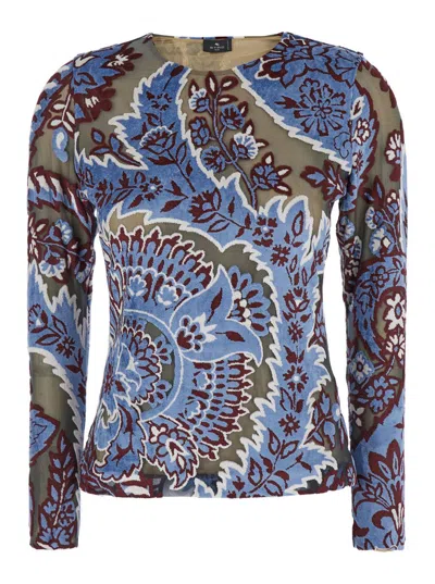 Shop Etro Multicolor Long Sleeve Top With Paisley Motif In Tech Fabric Woman In Blue