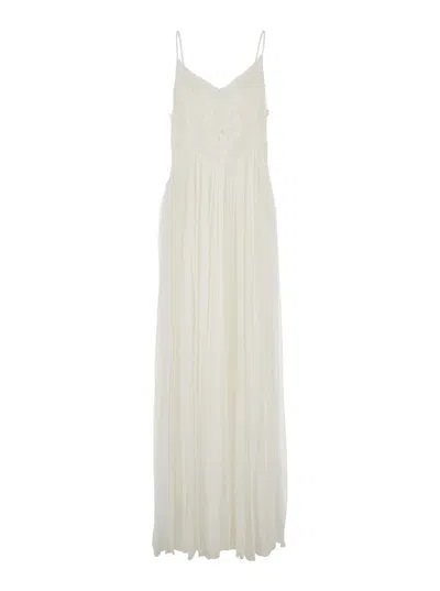 Shop Twinset White Long Sleeveless Dress With V Neck In Viscose Woman