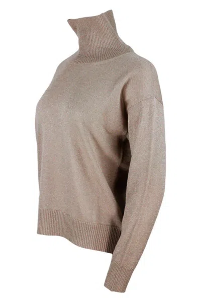Fabiana Filippi Turtleneck Sweater In Cashmere Wool And Silk With Lurex In Beige