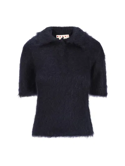 Marni Collared Neck Fuzzy Texture Short Sleeves In Black