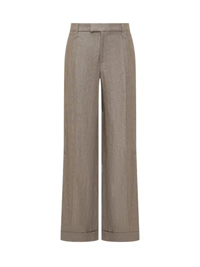 Brunello Cucinelli Loose Flared Trousers In Sparkling Twill Linen With Monile In Brown