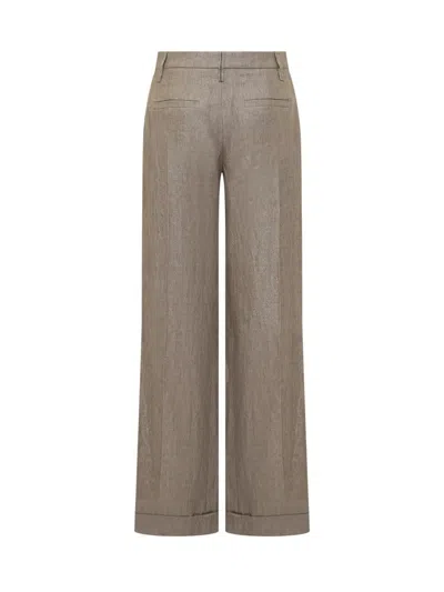 Brunello Cucinelli Loose Flared Trousers In Sparkling Twill Linen With Monile In Brown