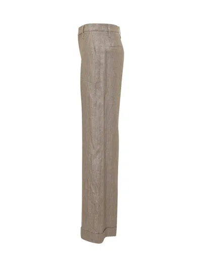 Brunello Cucinelli Loose Flared Trousers In Sparkling Twill Linen With Monile In Brown