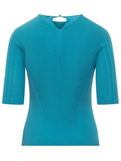 Lanvin Rib Knit Short Sleeve Sweater In Blue