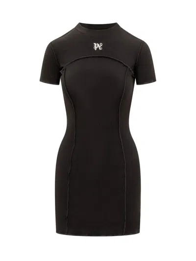 Palm Angels Monogram Ribbed Dress With Frayed Edges In Black