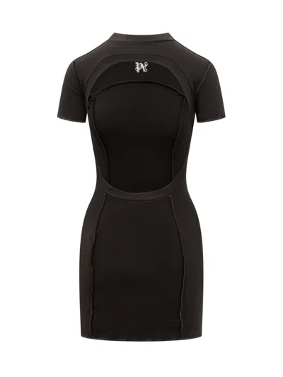 Palm Angels Monogram Ribbed Dress With Frayed Edges In Black