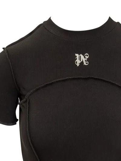 Palm Angels Monogram Ribbed Dress With Frayed Edges In Black