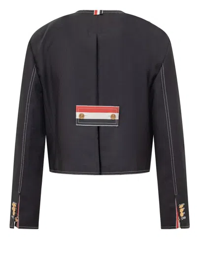 Thom Browne Rwb-detail Crewneck Cropped Jacket In Blue