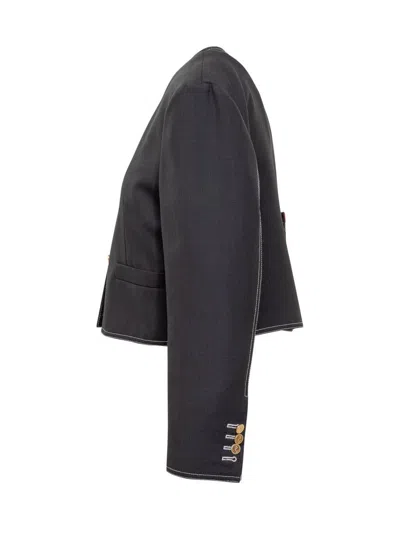 Thom Browne Rwb-detail Crewneck Cropped Jacket In Blue