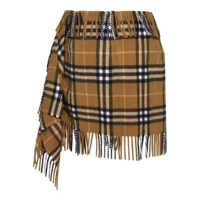 Burberry Women Wool And Cashmere Check Scarf Style Skirt In Oxide Ip Check