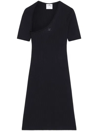 Courrèges Slash Mini Dress In Black Fabric Ribbed Knit In Black