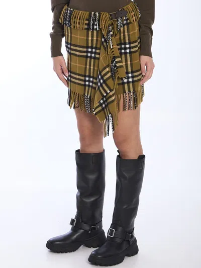 Burberry Women Wool And Cashmere Check Scarf Style Skirt In Brown