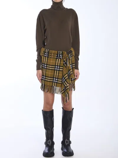 Burberry Women Wool And Cashmere Check Scarf Style Skirt In Brown