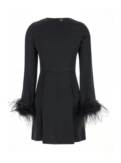 Shop Twinset Black Crewneck Dress With Feathered Cuffs In Viscose Woman