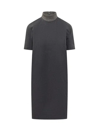 Brunello Cucinelli Monili-collar Shiny Felpa Short-sleeve T-shirt Dress In Black