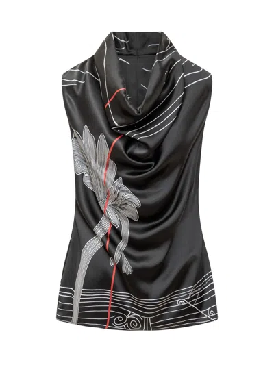 Ferragamo Graphic Printed Draped-neck Sleeveless Top In Black